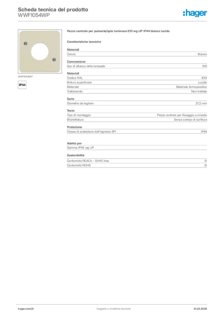 Immagine Hager Scheda tecnica del prodotto WWF1054WP | Hager Italia