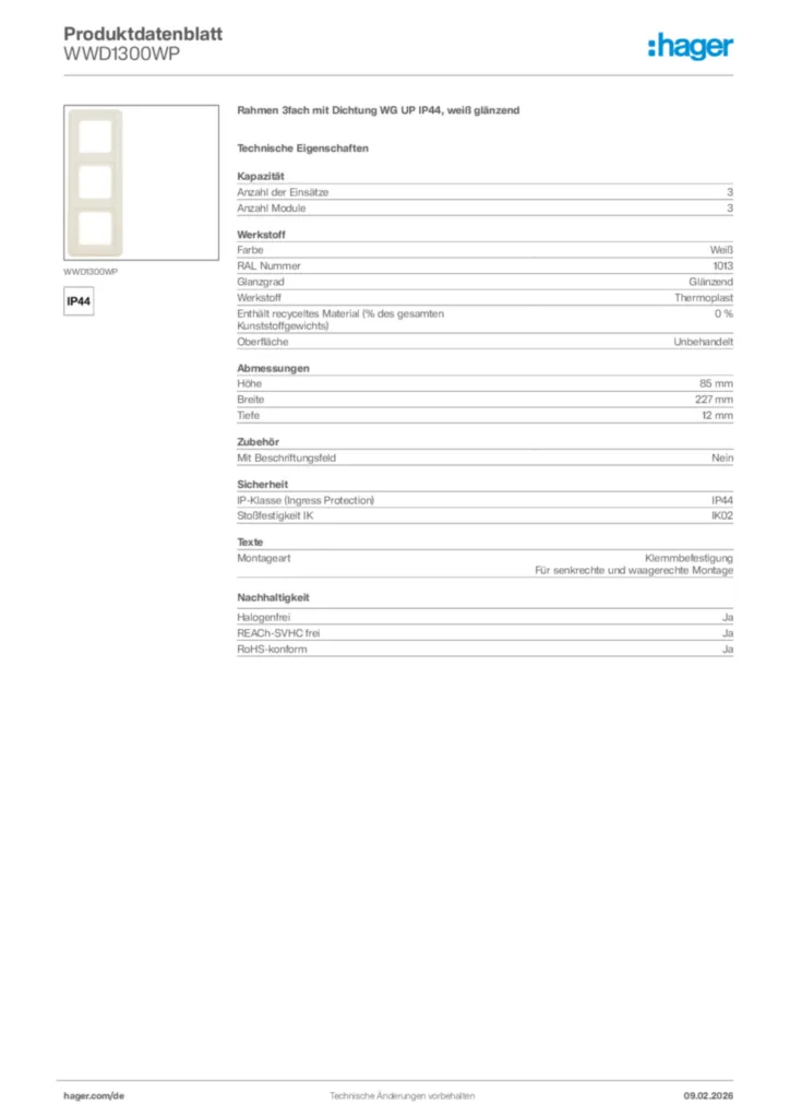 Bild Hager Produktdatenblatt WWD1300WP | Hager Deutschland