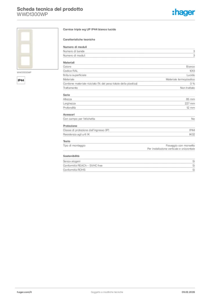 Immagine Hager Scheda tecnica del prodotto WWD1300WP | Hager Italia