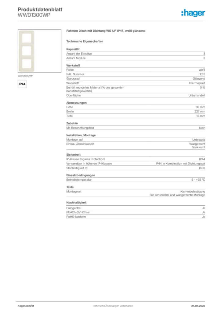 Bild Hager Produktdatenblatt WWD1300WP | Hager Deutschland