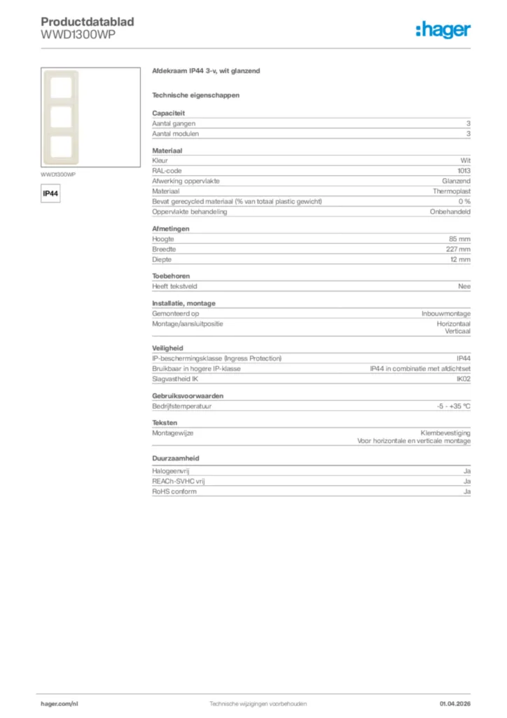 Afbeelding Hager Productdatablad WWD1300WP | Hager Nederland