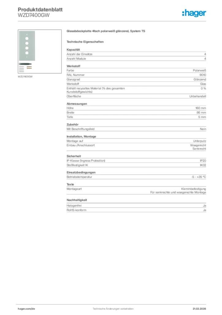 Bild Hager Produktdatenblatt WZD7400GW | Hager Deutschland
