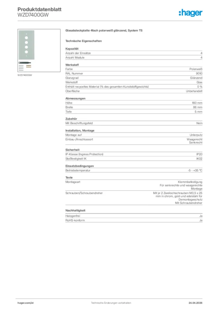 Bild Hager Produktdatenblatt WZD7400GW | Hager Deutschland