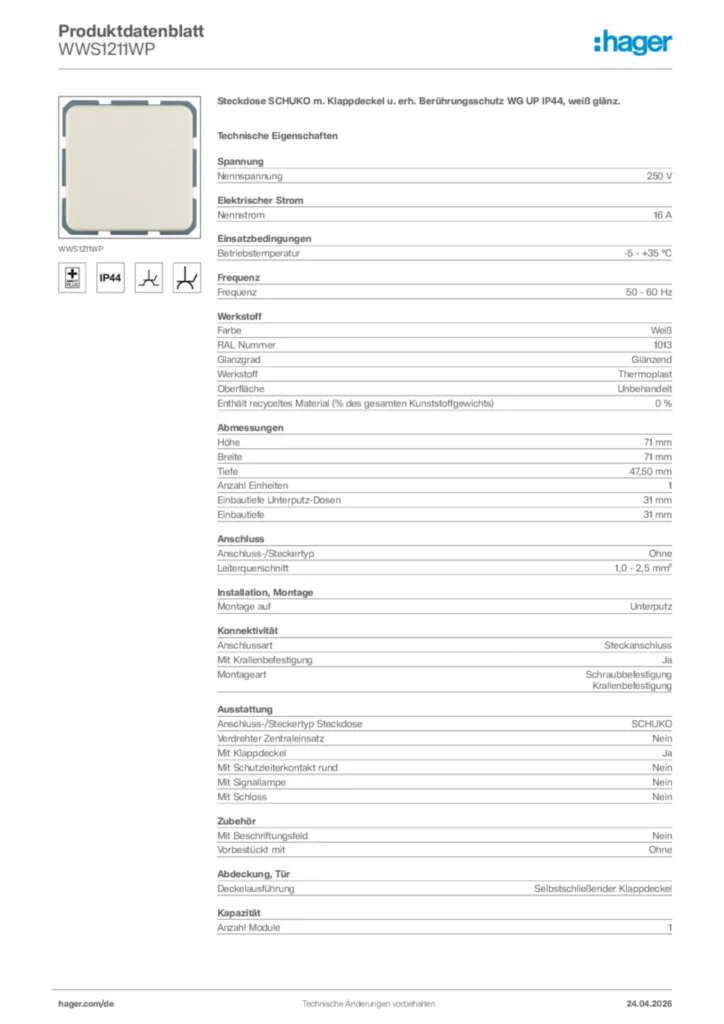 Bild Hager Produktdatenblatt WWS1211WP | Hager Deutschland