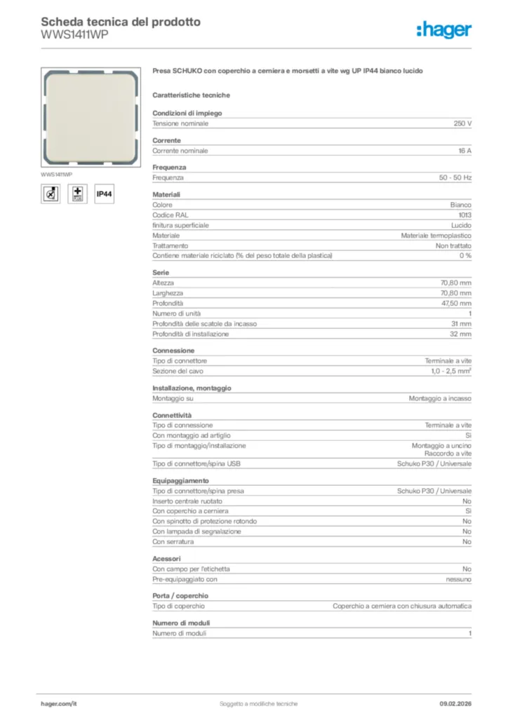 Immagine Hager Scheda tecnica del prodotto WWS1411WP | Hager Italia