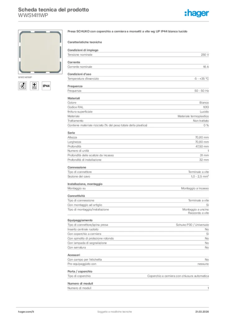 Immagine Hager Scheda tecnica del prodotto WWS1411WP | Hager Italia