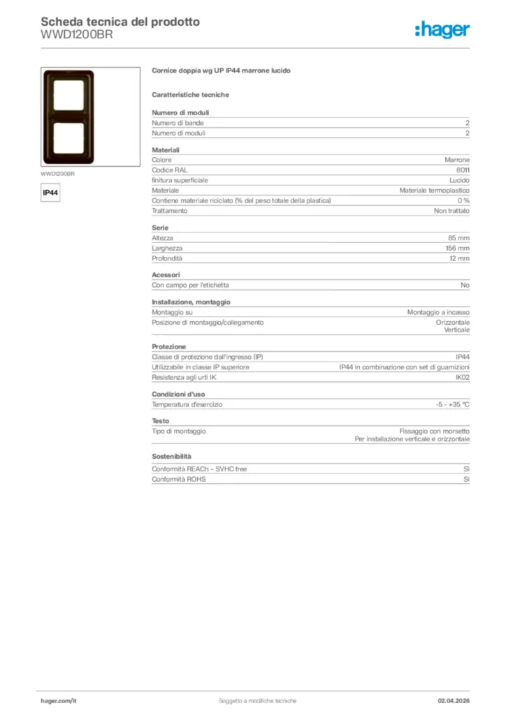 Immagine Hager Scheda tecnica del prodotto WWD1200BR | Hager Italia