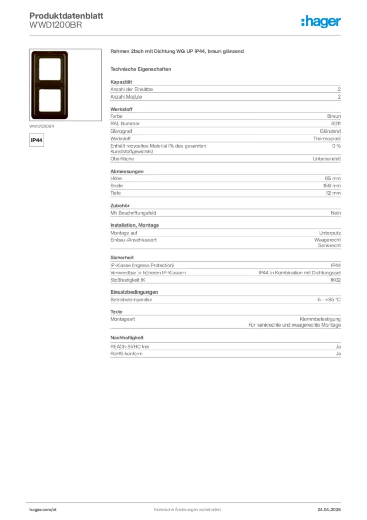 Bild Hager Produktdatenblatt WWD1200BR | Hager Deutschland