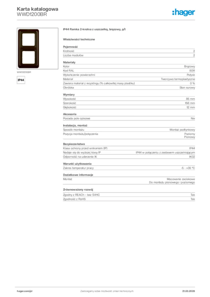 Zdjęcie Hager Karta katalogowa WWD1200BR | Hager Polska
