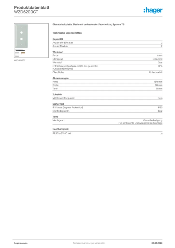 Bild Hager Produktdatenblatt WZD6200GT | Hager Deutschland