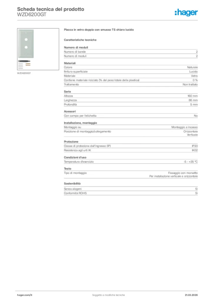 Immagine Hager Scheda tecnica del prodotto WZD6200GT | Hager Italia