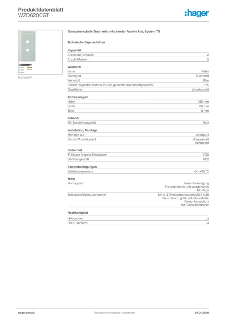 Bild Hager Produktdatenblatt WZD6200GT | Hager Deutschland