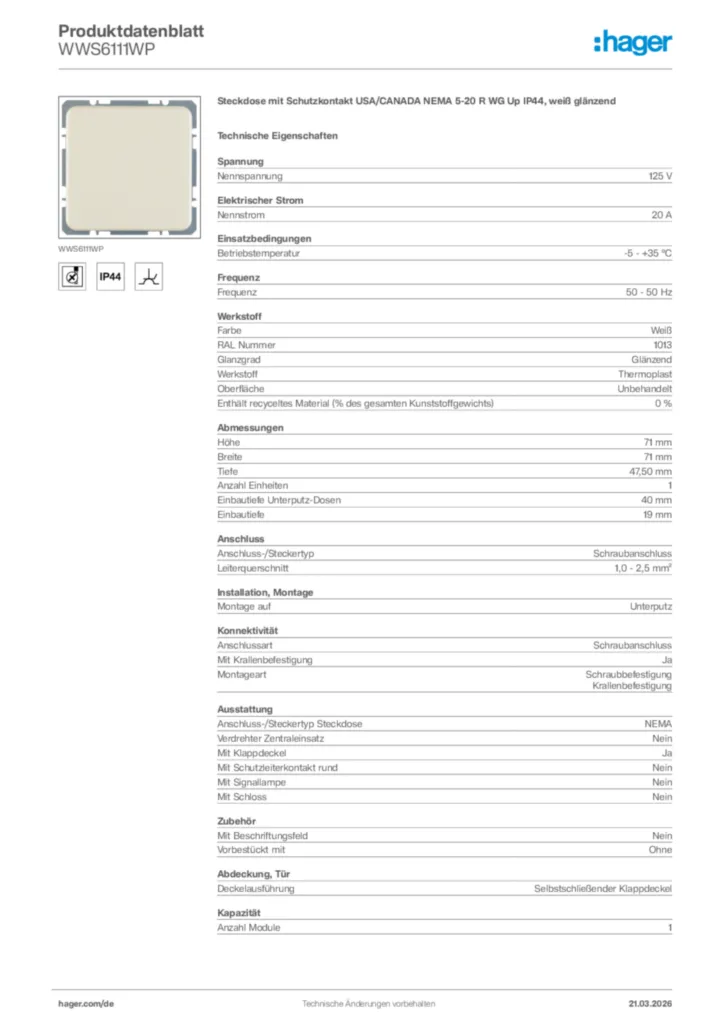 Bild Hager Produktdatenblatt WWS6111WP | Hager Deutschland