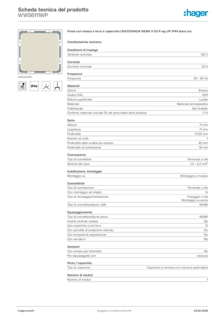 Immagine Hager Scheda tecnica del prodotto WWS6111WP | Hager Italia