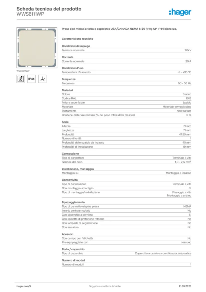 Immagine Hager Scheda tecnica del prodotto WWS6111WP | Hager Italia