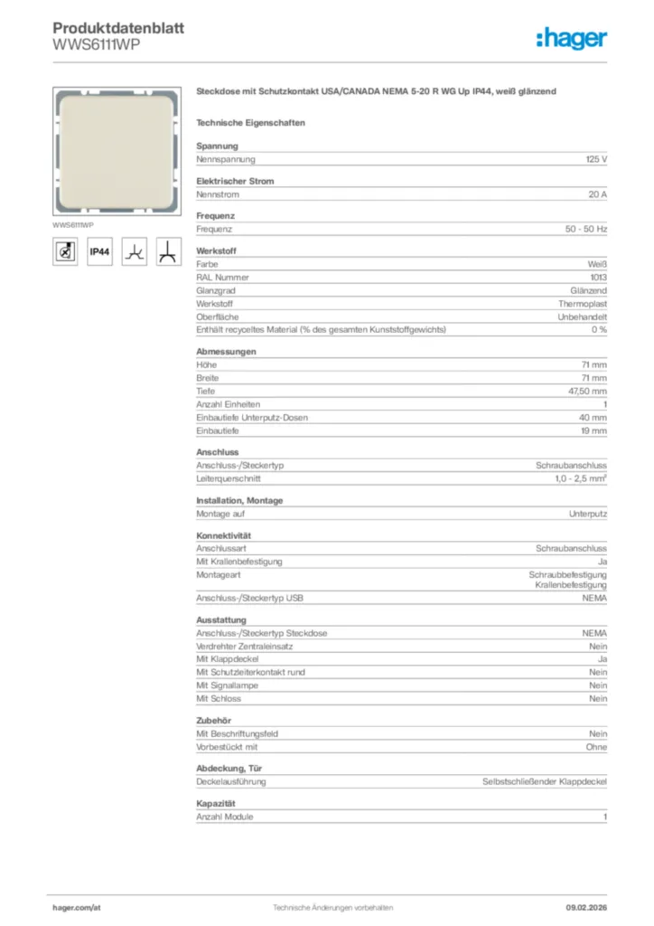 Bild Hager Produktdatenblatt WWS6111WP | Hager Deutschland