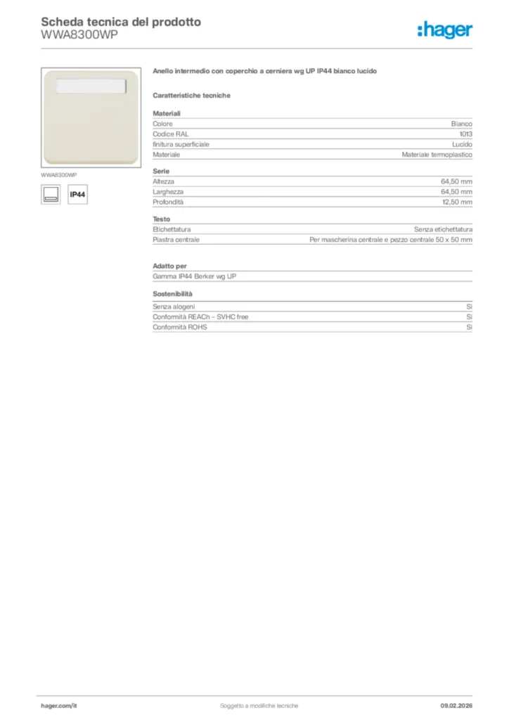 Immagine Hager Scheda tecnica del prodotto WWA8300WP | Hager Italia