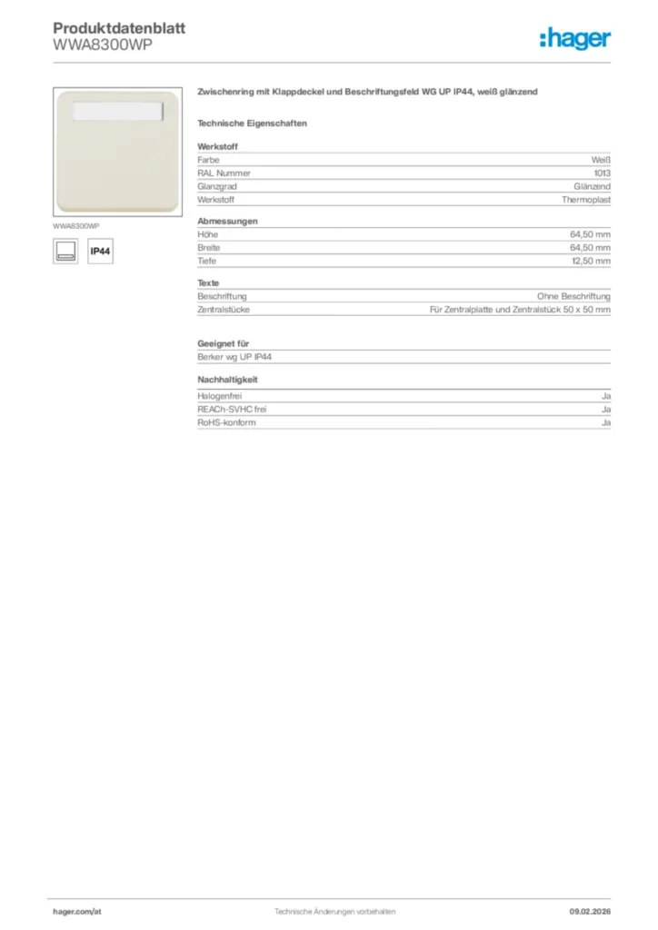 Bild Hager Produktdatenblatt WWA8300WP | Hager Deutschland