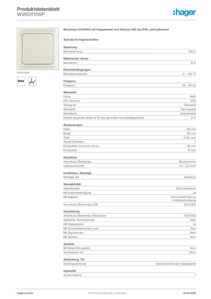 Bild Hager Produktdatenblatt WWG1111WP | Hager Deutschland