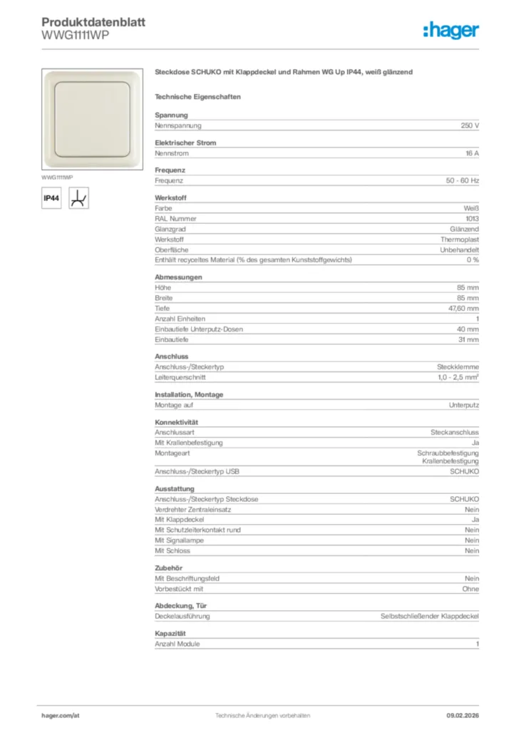 Bild Hager Produktdatenblatt WWG1111WP | Hager Deutschland