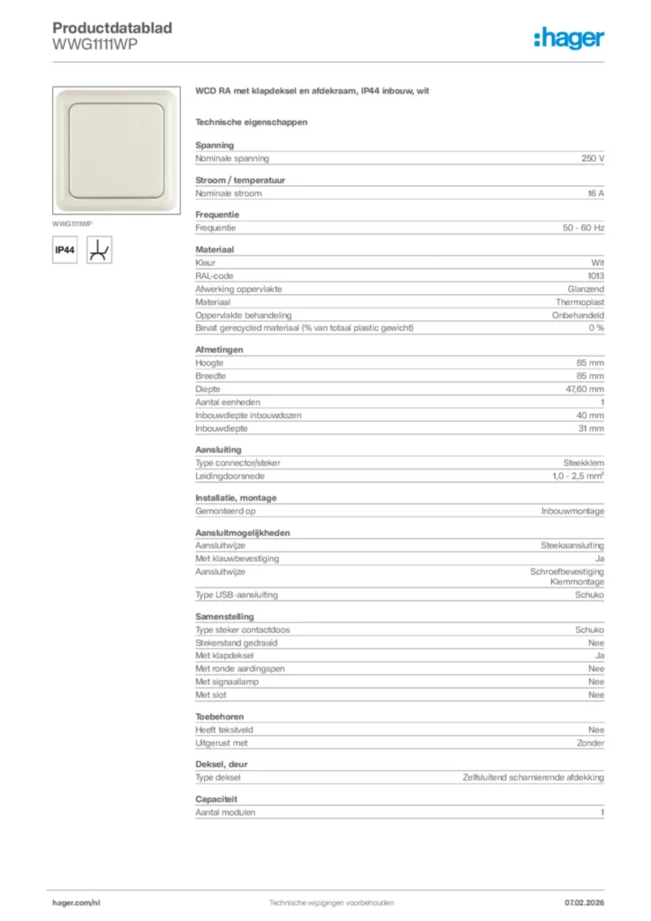 Afbeelding Hager Productdatablad WWG1111WP | Hager Nederland