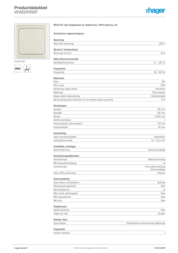Afbeelding Hager Productdatablad WWG1111WP | Hager Nederland