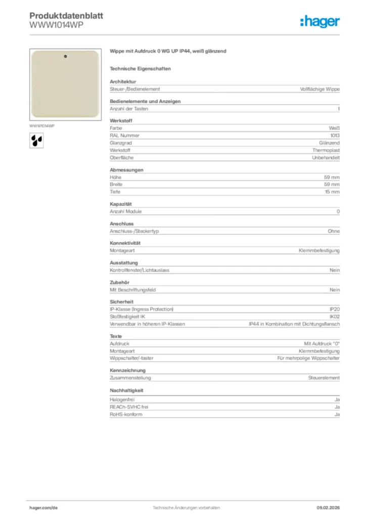 Bild Hager Produktdatenblatt WWW1014WP | Hager Deutschland