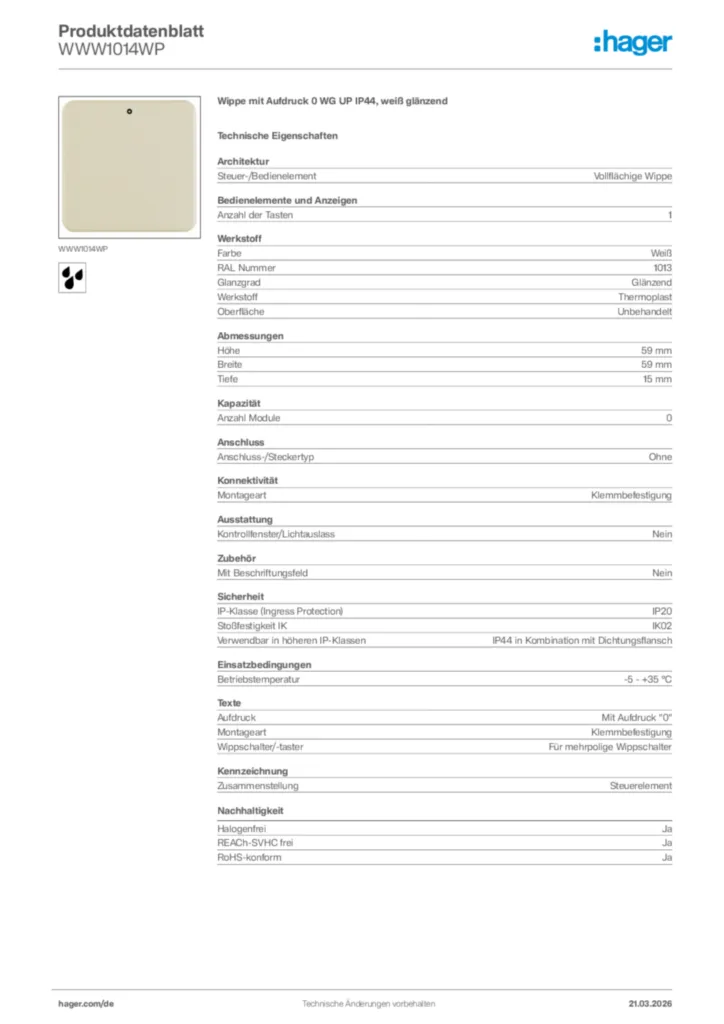 Bild Hager Produktdatenblatt WWW1014WP | Hager Deutschland