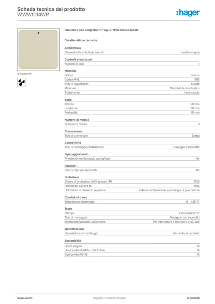 Immagine Hager Scheda tecnica del prodotto WWW1014WP | Hager Italia