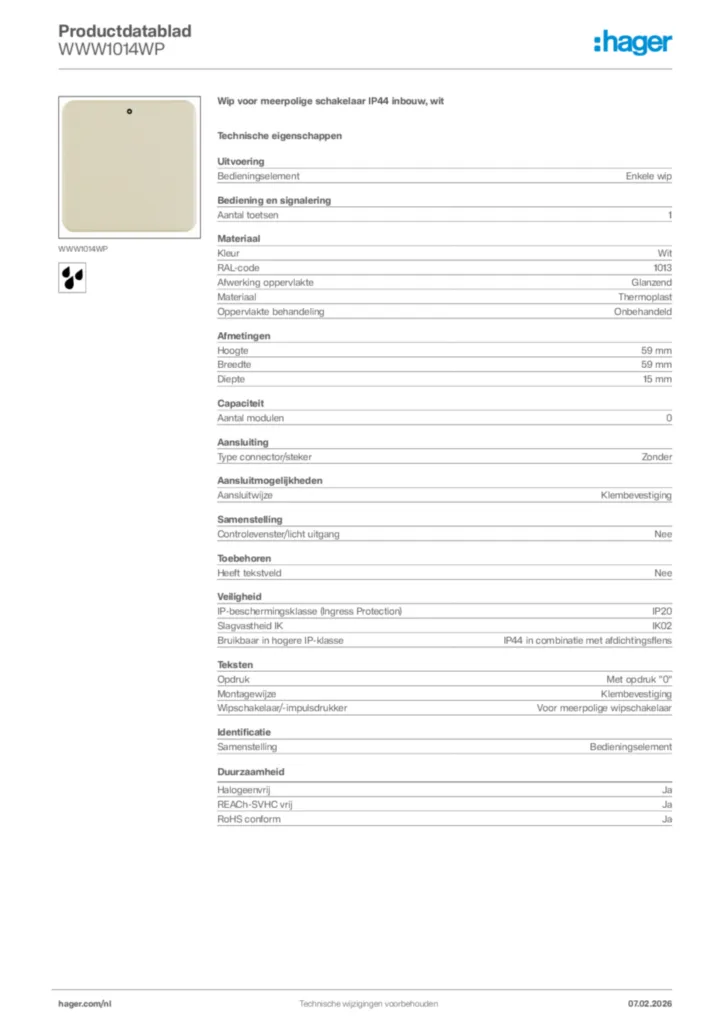 Afbeelding Hager Productdatablad WWW1014WP | Hager Nederland