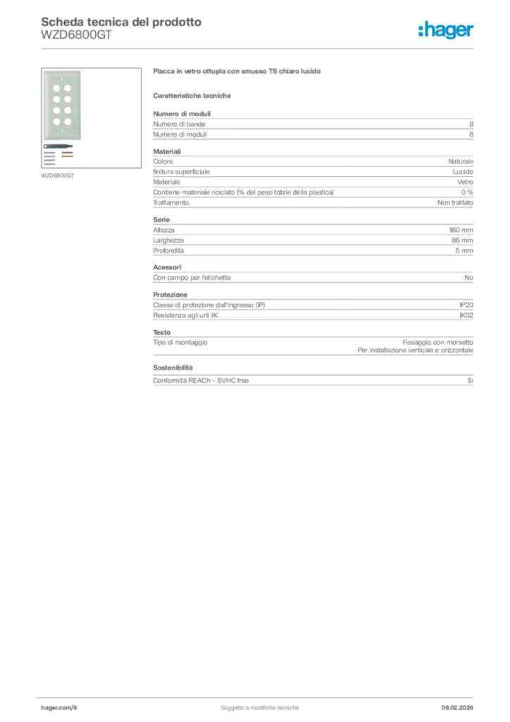Immagine Hager Scheda tecnica del prodotto WZD6800GT | Hager Italia