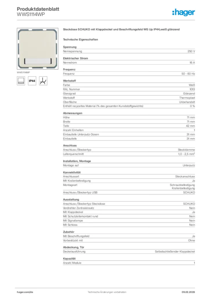 Bild Hager Produktdatenblatt WWS1114WP | Hager Deutschland