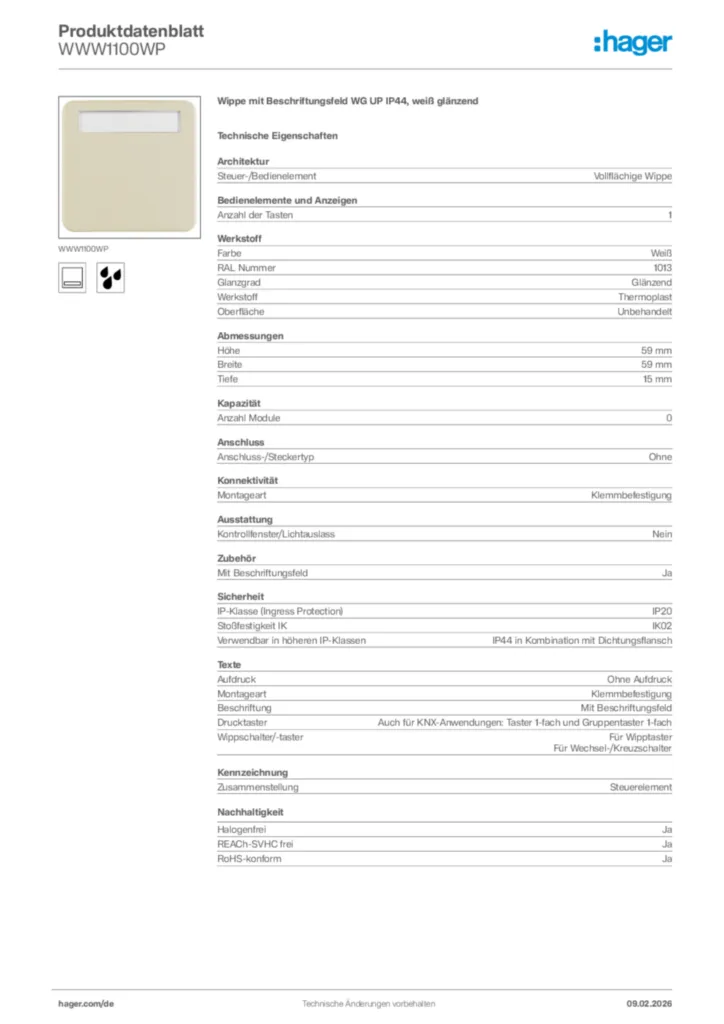 Bild Hager Produktdatenblatt WWW1100WP | Hager Deutschland