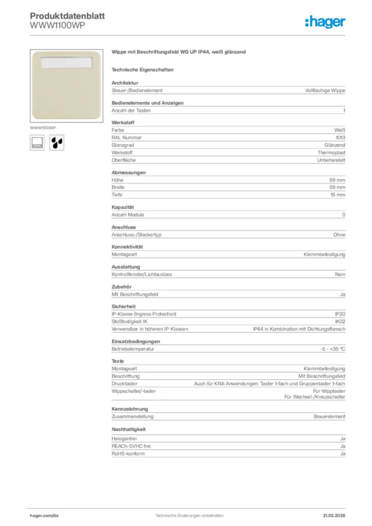 Bild Hager Produktdatenblatt WWW1100WP | Hager Deutschland