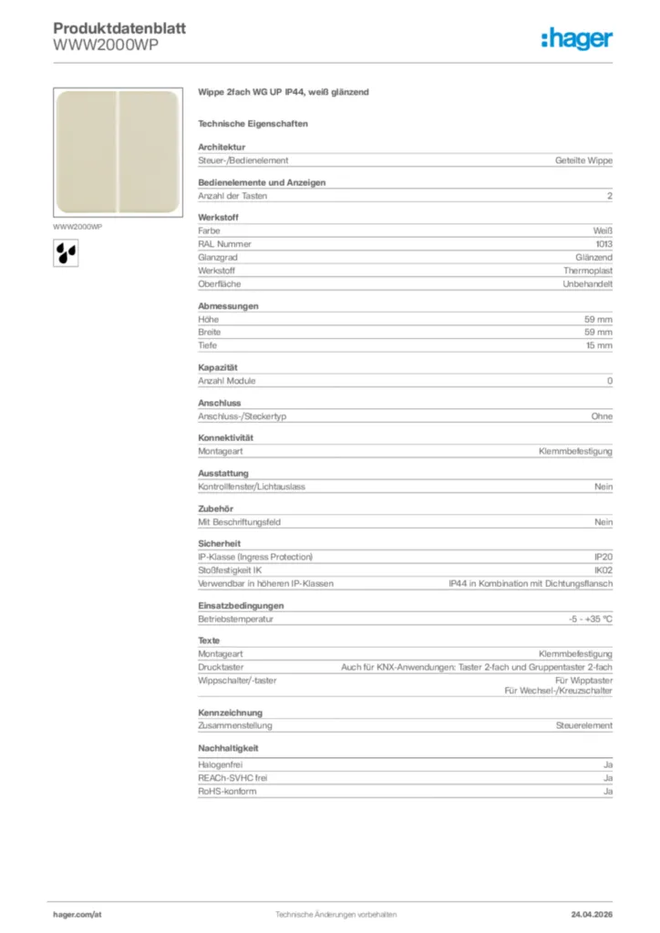 Bild Hager Produktdatenblatt WWW2000WP | Hager Deutschland