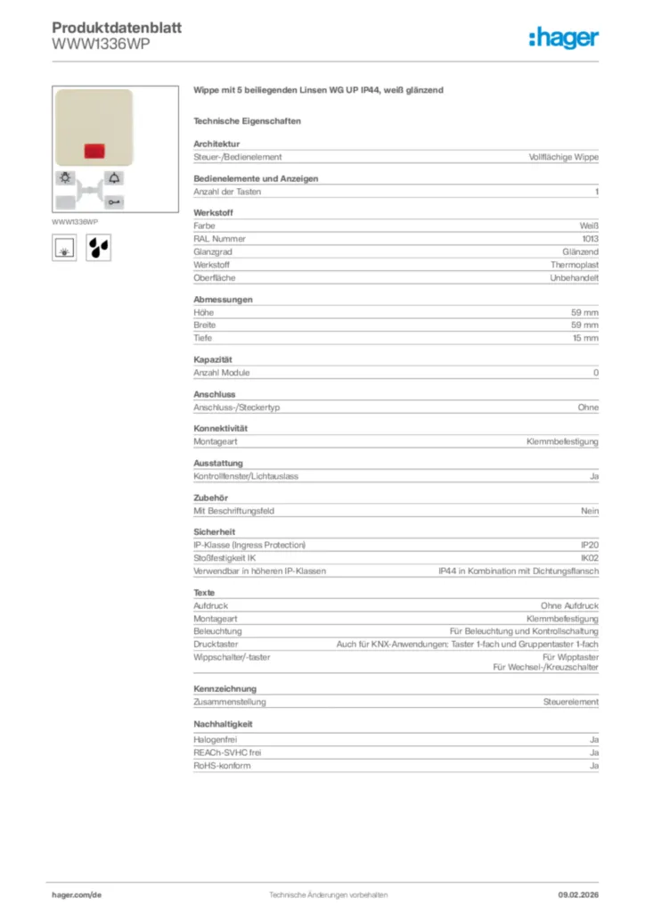 Bild Hager Produktdatenblatt WWW1336WP | Hager Deutschland