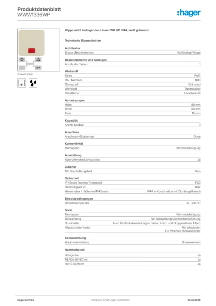 Bild Hager Produktdatenblatt WWW1336WP | Hager Deutschland