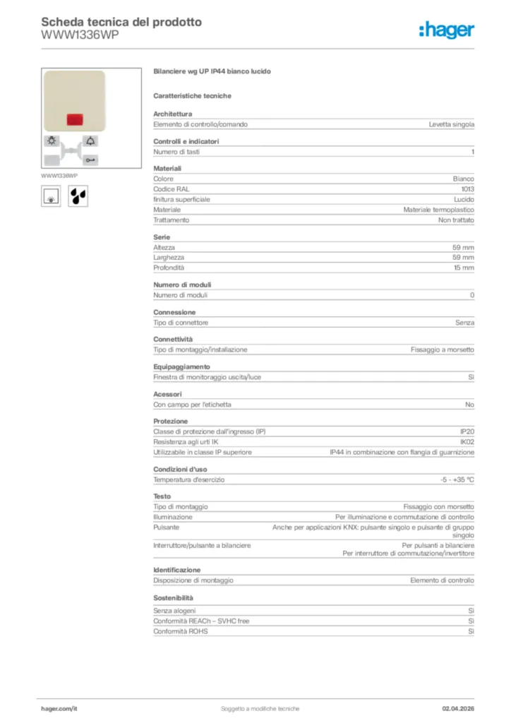 Immagine Hager Scheda tecnica del prodotto WWW1336WP | Hager Italia