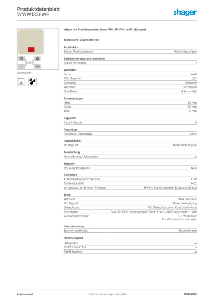 Bild Hager Produktdatenblatt WWW1336WP | Hager Deutschland