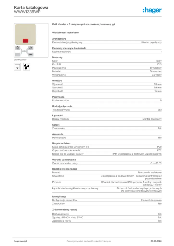 Zdjęcie Hager Karta katalogowa WWW1336WP | Hager Polska
