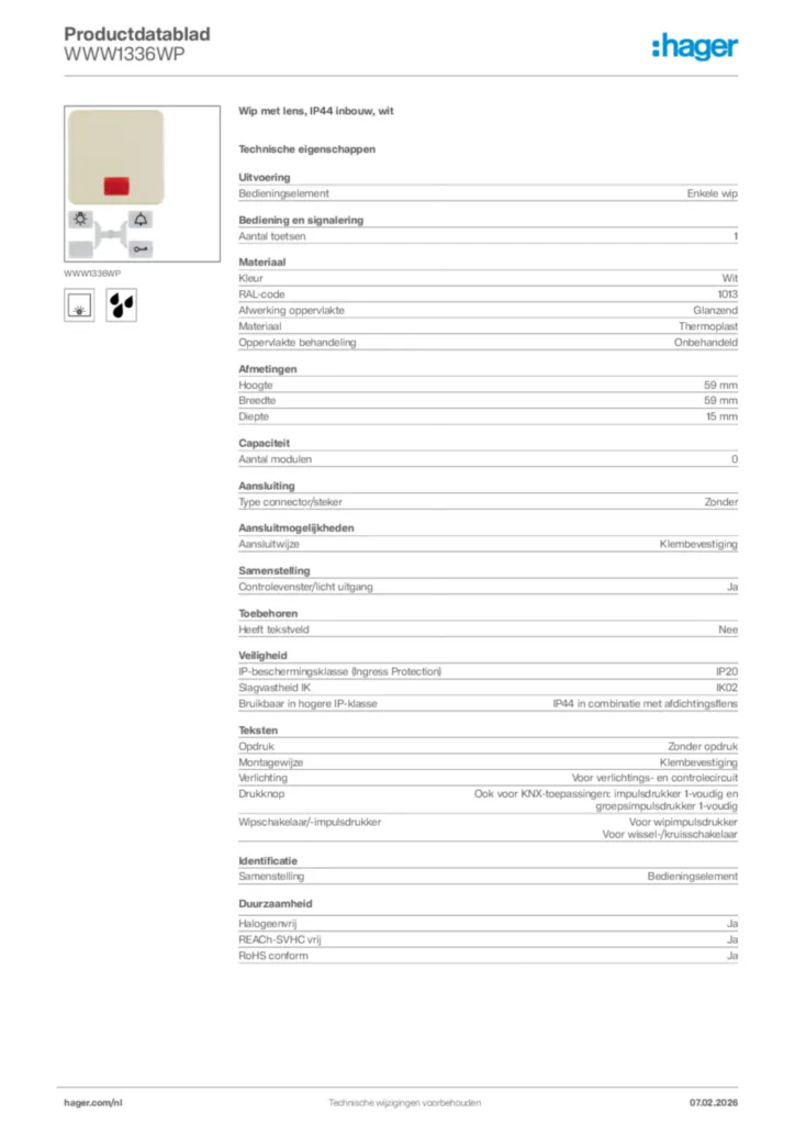 Afbeelding Hager Productdatablad WWW1336WP | Hager Nederland