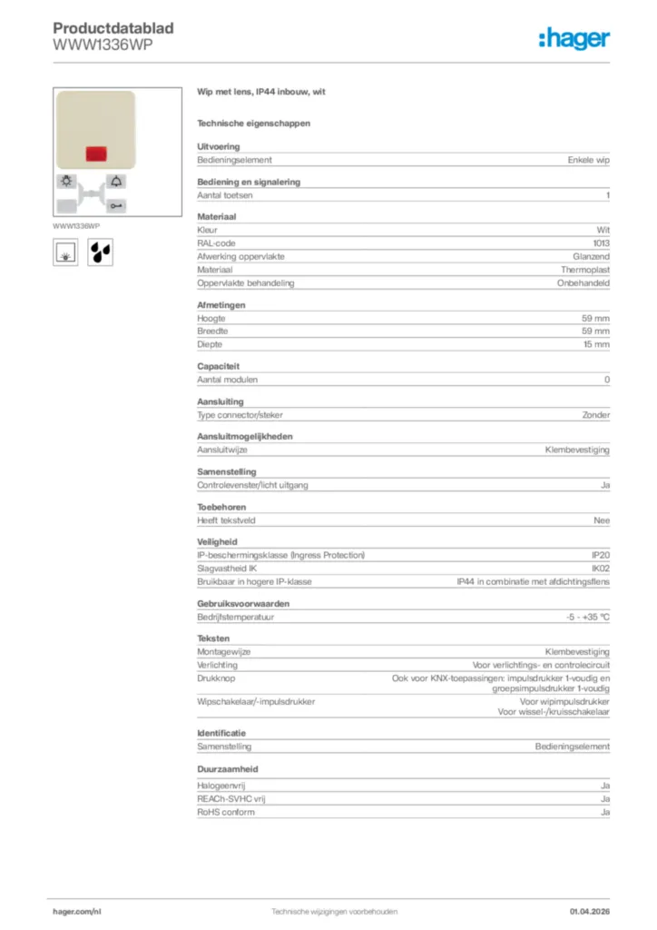 Afbeelding Hager Productdatablad WWW1336WP | Hager Nederland
