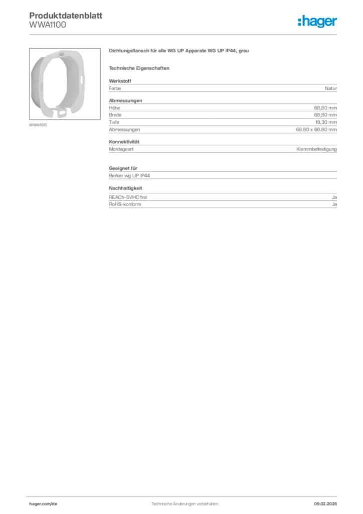 Bild Hager Produktdatenblatt WWA1100 | Hager Deutschland