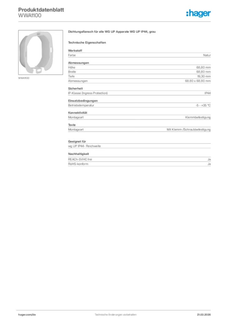 Bild Hager Produktdatenblatt WWA1100 | Hager Deutschland