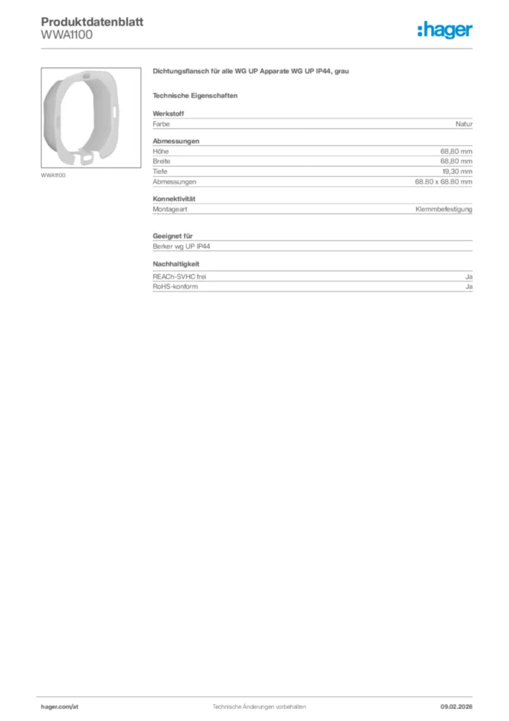 Bild Hager Produktdatenblatt WWA1100 | Hager Deutschland