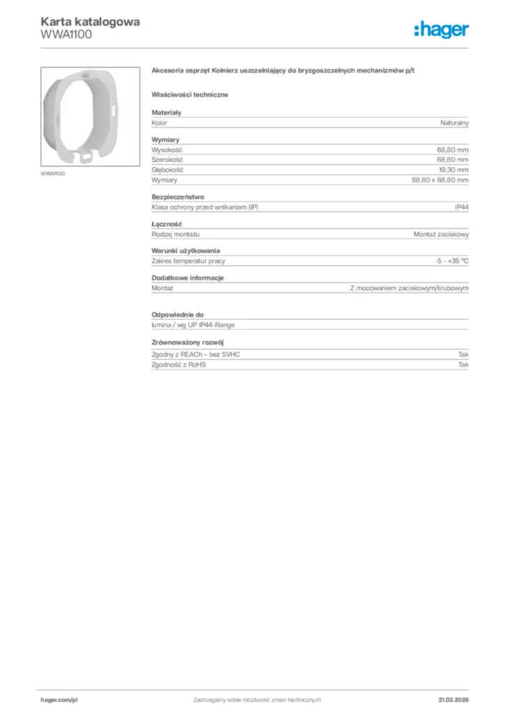 Zdjęcie Hager Karta katalogowa WWA1100 | Hager Polska