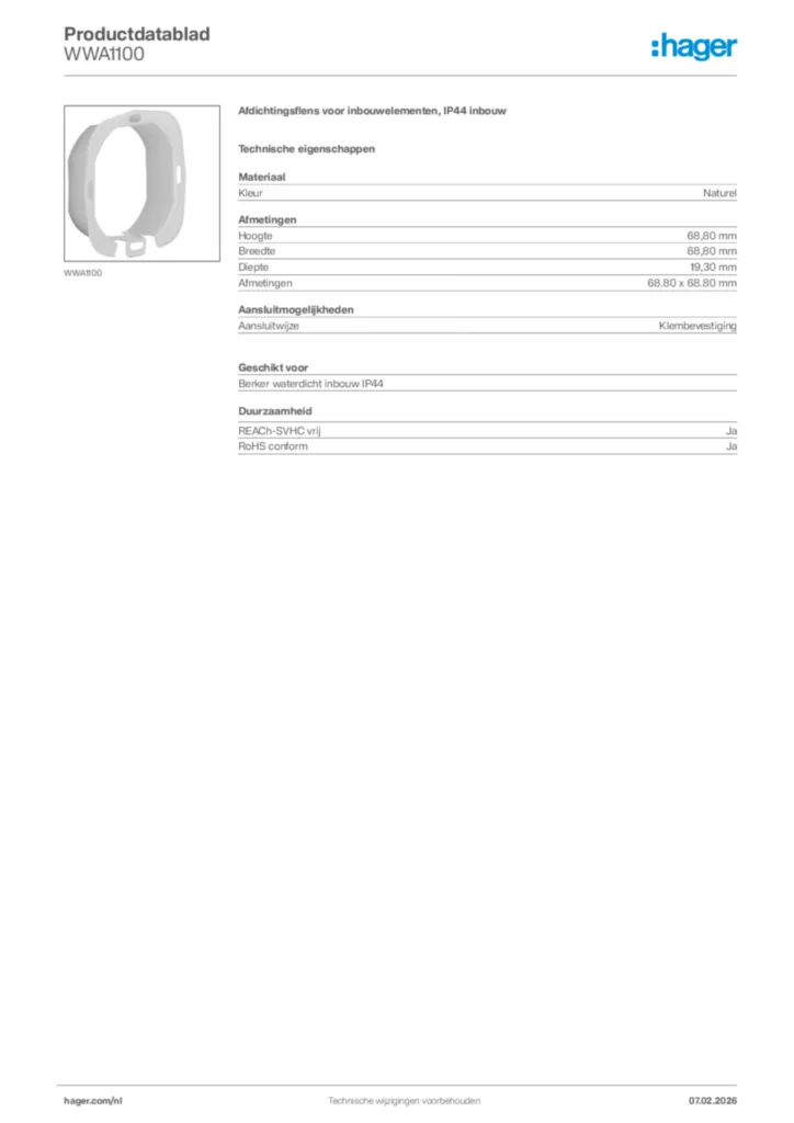 Afbeelding Hager Productdatablad WWA1100 | Hager Nederland