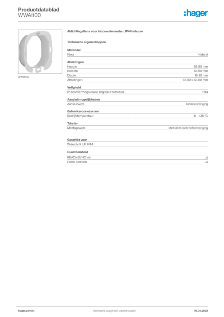 Afbeelding Hager Productdatablad WWA1100 | Hager Nederland