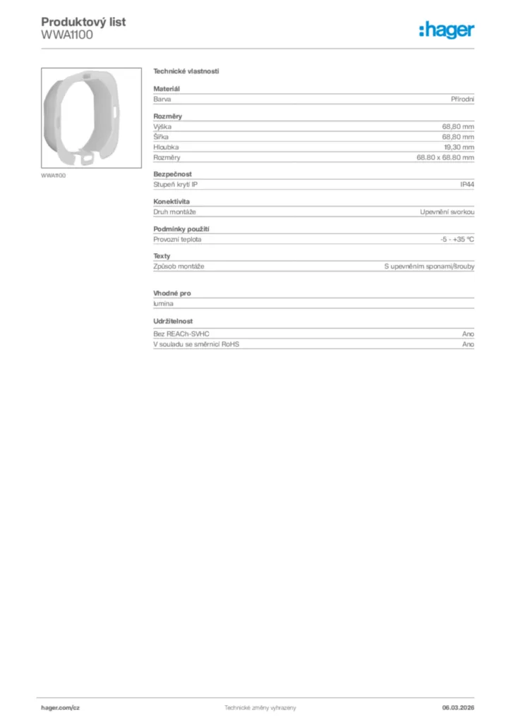 Obrázek Hager Product data sheet WWA1100 | Hager
