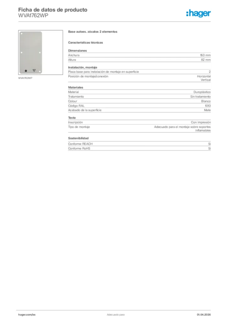Imagen Hager Ficha de datos de producto WVA1762WP | Hager España